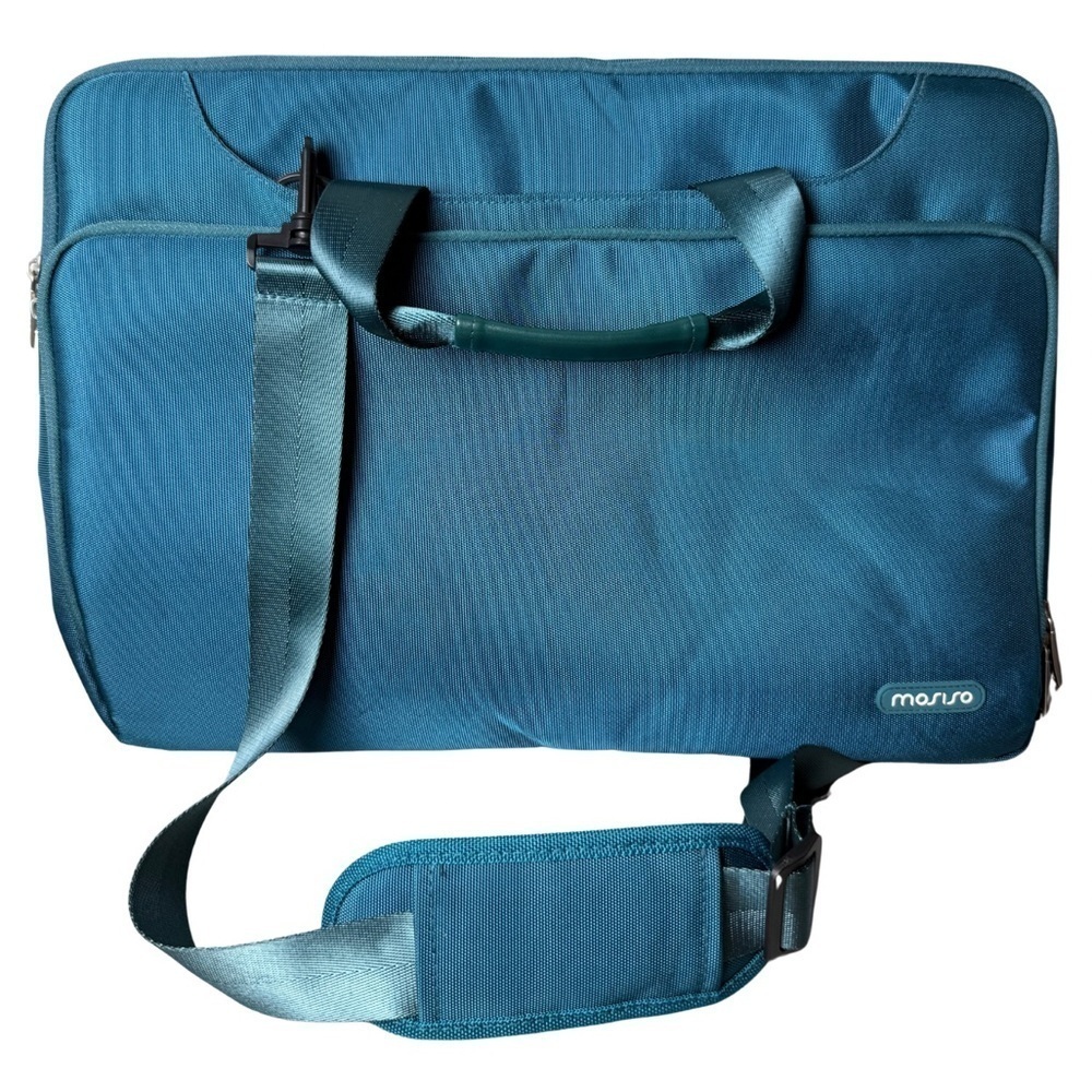 Mosiso 360 Protective Laptop Shoulder Bag in Teal Green Fleece Lined Trolly Belt